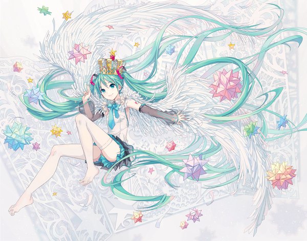Anime picture 1800x1417 with vocaloid hatsune miku ixima single highres smile twintails looking away full body very long hair aqua eyes aqua hair white wings girl skirt detached sleeves miniskirt wings crown