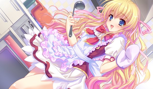 Anime picture 1024x600 with hime-sama gentei! asakura miku long hair blush open mouth blue eyes blonde hair wide image game cg :d girl ribbon (ribbons) hair ribbon apron kitchen ladle stove oven mittens
