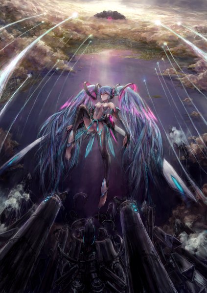 Anime picture 1748x2480 with vocaloid vocaloid append quarterly pixiv 2 miku append hatsune miku hatsune miku (append) toritoritottori single long hair tall image highres light erotic red eyes twintails bare shoulders blue hair sky cleavage cloud (clouds) very long hair nail polish