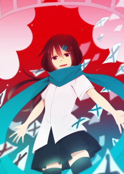 Anime picture 1231x1726 with kagerou project shaft (studio) tateyama ayano hinata0287 single long hair tall image looking at viewer fringe open mouth red eyes brown hair standing from below alternate costume zettai ryouiki spread arms girl thighhighs skirt