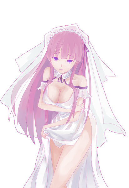 Anime picture 2031x2952 with ore no kanojo to osananajimi ga shuraba sugiru a-1 pictures fuyuumi ai single long hair tall image looking at viewer highres breasts light erotic purple eyes purple hair black background girl dress wedding dress