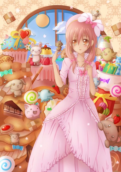 Anime picture 1500x2121 with original yuyusama1222 single long hair tall image looking at viewer brown hair brown eyes girl dress hat food sweets toy stuffed animal cake