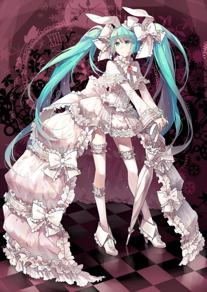 Anime picture 1064x1500 with vocaloid hatsune miku rella single long hair tall image twintails green eyes green hair bunny ears frilled dress girl thighhighs dress bow hair bow hat white thighhighs frills white dress