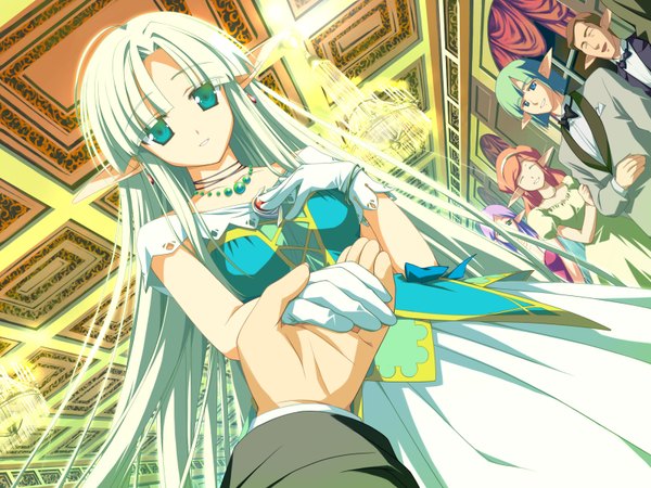 Anime picture 1600x1200 with wiz anniversary ruruguno janus enfinus shida kazuhiro long hair green eyes game cg white hair pointy ears elf girl dress gloves beads