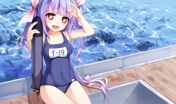 Anime picture 3200x1902 with kantai collection i-19 submarine hagi (ame hagi) single long hair looking at viewer blush highres open mouth light erotic red eyes wide image twintails purple hair ponytail symbol-shaped pupils girl navel ribbon (ribbons) swimsuit