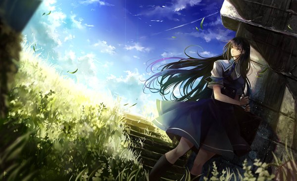 Anime picture 1350x824 with original nako (nonrain) single long hair fringe black hair wide image sky cloud (clouds) wind girl plant (plants) socks leaf (leaves) sundress stairs