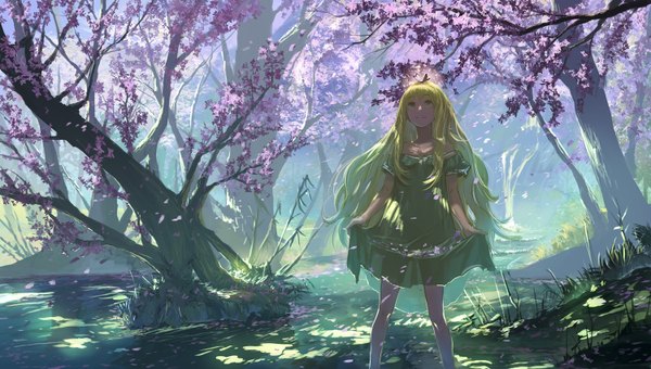 Anime picture 1500x850 with original hikaru (miraclehikaru) single long hair blonde hair wide image green eyes looking up scenic girl dress flower (flowers) plant (plants) tree (trees) insect butterfly forest