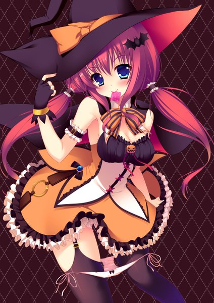 Anime picture 1000x1415 with original raiou single long hair tall image blush blue eyes twintails red hair panty pull witch girl thighhighs dress black thighhighs fingerless gloves witch hat condom