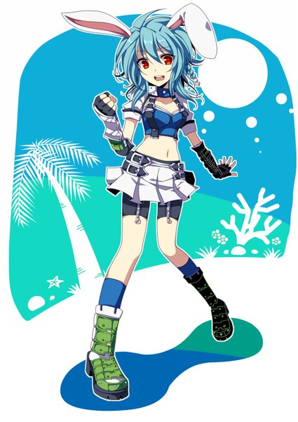 Anime picture 1062x1500 with trickster soraeda single tall image short hair open mouth red eyes blue hair midriff legs bunny girl girl gloves navel boots