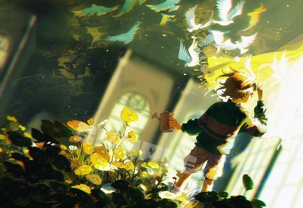 Anime picture 2180x1499 with undertale frisk (undertale) diesel.2b (artist) highres short hair brown hair looking away indoors arm up wind from behind sunlight inscription back androgynous flower (flowers) animal shorts bird (birds) curtains