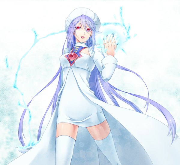 Anime picture 1094x1000 with tales of (series) tales of destiny 2 atwight eks yabuki haru single looking at viewer open mouth red eyes white background blue hair very long hair girl thighhighs dress white thighhighs beret