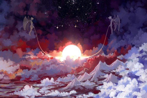 Anime picture 3000x2000 with original hangmoon highres cloud (clouds) sunlight night night sky looking down mountain angel wings demon wings angel demon wings star (stars) tiara sun thread