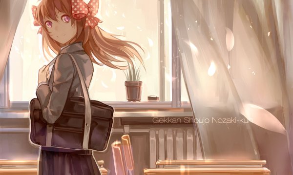 Anime picture 1200x719 with gekkan shoujo nozaki-kun doga kobo sakura chiyo zicai tang single long hair smile brown hair wide image purple eyes looking away wind girl uniform bow hair bow school uniform petals window curtains