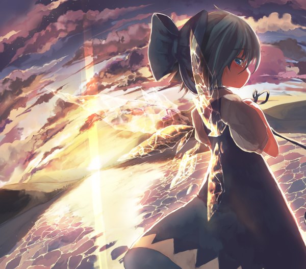 Anime picture 2363x2079 with touhou cirno ha ru single looking at viewer blush highres short hair blue eyes blue hair sky cloud (clouds) profile looking back from behind loli tears evening sunset nature