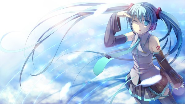 Anime picture 1920x1080 with vocaloid hatsune miku namaru (summer dandy) single highres wide image twintails bare shoulders very long hair one eye closed aqua eyes wink aqua hair girl skirt detached sleeves necktie feather (feathers)