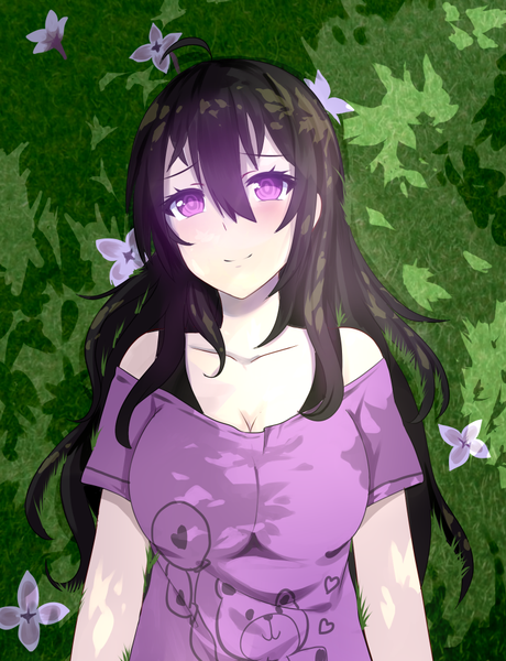 Anime picture 744x970 with original miyaura sanshio beifeng han single long hair tall image looking at viewer blush breasts black hair smile hair between eyes large breasts purple eyes lying from above on back girl flower (flowers) plant (plants)