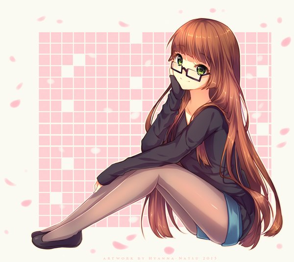 Anime picture 980x874 with hyanna-natsu single long hair looking at viewer fringe smile brown hair sitting green eyes bent knee (knees) long sleeves hand on face girl petals pantyhose glasses shorts