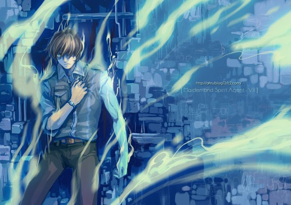 Anime picture 1000x707 with original akru (artist) single fringe short hair blue eyes brown hair hair over one eye magic boy shirt pants clock pocket watch