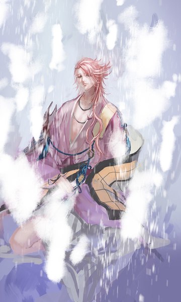 Anime picture 600x1000 with touken ranbu nitroplus souza samonji yamakawa umi single long hair tall image looking at viewer blue eyes pink hair traditional clothes japanese clothes kneeling purple background boy beads