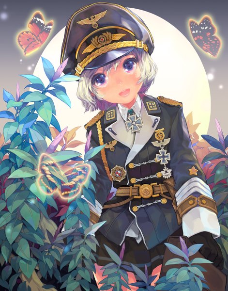 Anime picture 1000x1273 with original serenade (sinohi) single tall image looking at viewer short hair open mouth blonde hair purple eyes girl uniform plant (plants) insect butterfly military uniform