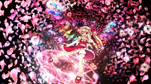 Anime picture 1920x1080 with touhou flandre scarlet hackberry highres short hair open mouth blonde hair red eyes wide image one eye closed wink magic girl bow weapon petals wings cap crystal magic circle