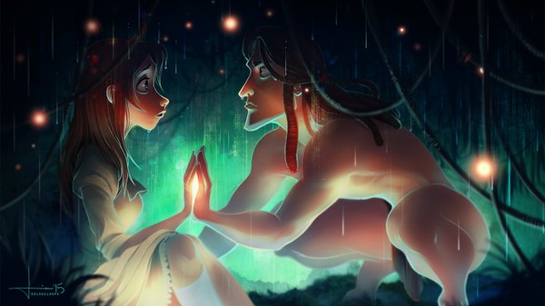 Anime picture 1600x900 with tarzan jane porter (tarzan) tarzan (character) kelogsloops long hair brown hair wide image sitting bare shoulders brown eyes bent knee (knees) profile bare belly bare legs squat face to face girl dress boy plant (plants)