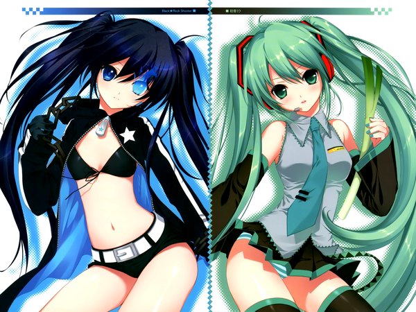Anime picture 2560x1920 with black rock shooter vocaloid hatsune miku black rock shooter (character) shirahane nao long hair highres blue eyes light erotic black hair twintails bare shoulders multiple girls head tilt pleated skirt aqua eyes aqua hair open clothes open jacket glowing