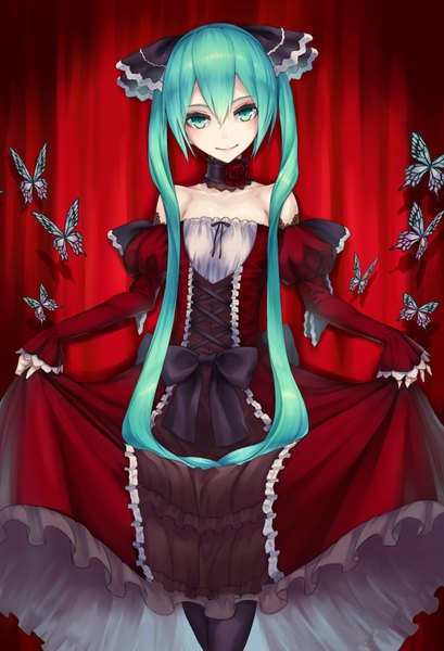 Anime picture 2508x3678 with vocaloid hatsune miku 2d (artist) single tall image looking at viewer highres twintails bare shoulders very long hair aqua eyes aqua hair girl dress insect butterfly detached collar curtains red dress