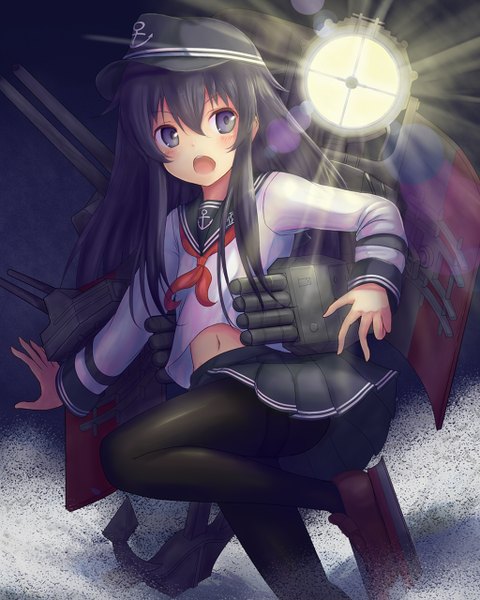 Anime picture 1024x1280 with kantai collection akatsuki destroyer em s single long hair tall image blush open mouth blue eyes black hair hair between eyes bare belly :o girl skirt weapon miniskirt pantyhose black pantyhose sailor suit