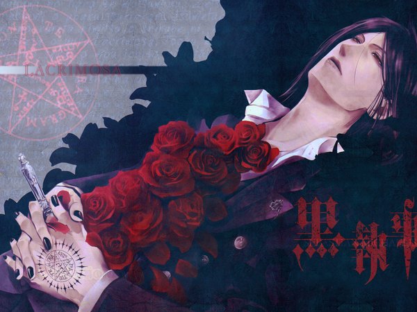 Anime picture 1600x1200 with kuroshitsuji a-1 pictures sebastian michaelis black hair red eyes lying nail polish looking up pentagram boy flower (flowers) rose (roses)