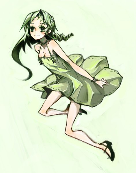 Anime picture 1199x1525 with original kiku (kicdoc) single long hair tall image blush simple background green eyes looking away green hair light smile midair girl dress hair ornament bracelet sundress sandals