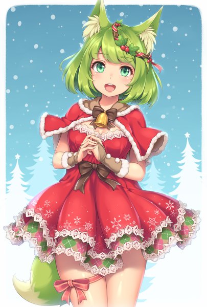 Anime picture 810x1200 with original sasaame single tall image looking at viewer fringe short hair open mouth smile green eyes animal ears tail :d animal tail green hair fur trim snowing snowflake print girl dress