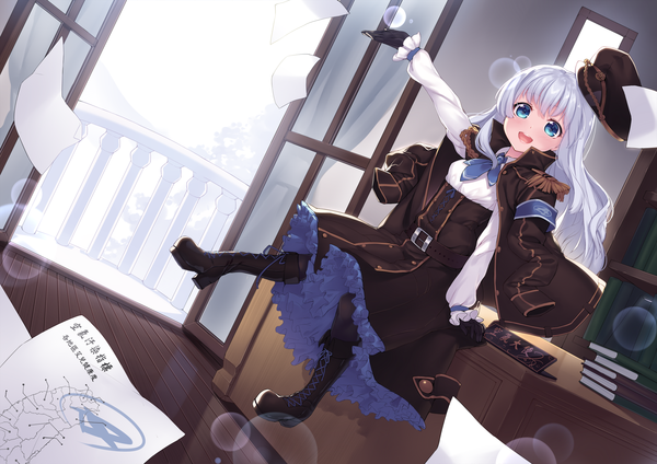 Anime picture 1920x1357 with the personification of atmosphere kuuki shoujo yaguo single long hair blush highres open mouth blue eyes white hair girl dress gloves black gloves boots book (books) peaked cap paper