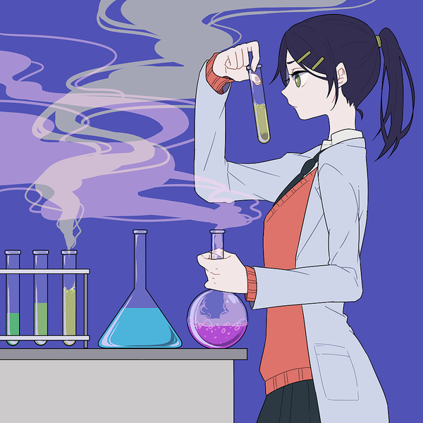 Anime picture 1000x1000 with original shi oo single long hair black hair simple background holding green eyes ponytail profile smoke purple background girl bobby pin sweater labcoat test tube flask