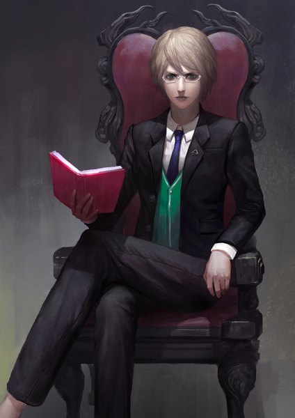 Anime picture 2480x3508 with dangan ronpa togami byakuya diaodiao single tall image looking at viewer highres short hair blonde hair simple background sitting green eyes crossed legs boy glasses necktie book (books) suit armchair badge