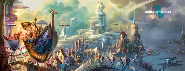 Anime picture 1600x622 with jian guo (breathing) wide image signed sky cloud (clouds) inscription cityscape girl boy building (buildings) moon crystal robot aircraft bridge people statue airship