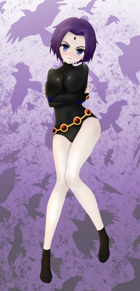 Anime picture 1250x2592 with teen titans raven (teen titans) pinea13 single tall image looking at viewer blush short hair breasts light erotic large breasts purple eyes purple hair breast grab purple background knees touching girl animal socks bird (birds)
