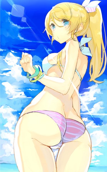 Anime picture 1550x2500 with love live! school idol project sunrise (studio) love live! ayase eli hajime kaname single long hair tall image highres breasts blue eyes light erotic blonde hair bare shoulders sky cloud (clouds) ass ponytail looking back from behind
