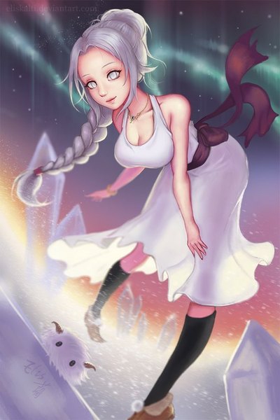 Anime picture 600x900 with league of legends poro (league of legends) lissandra (league of legends) eliskalti single long hair tall image looking at viewer breasts large breasts silver hair leaning leaning forward sleeveless silver eyes girl dress choker socks white dress
