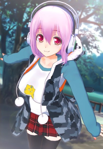Anime picture 4835x6963 with nitroplus super sonico tsuji santa single long hair tall image highres smile red eyes pink hair absurdres open clothes open jacket girl thighhighs skirt black thighhighs miniskirt headphones sweater