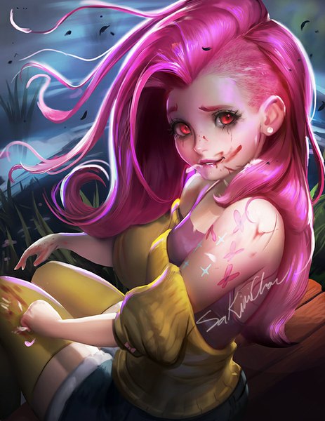 Anime picture 695x900 with my little pony my little pony friendship is magic fluttershy sakimichan single long hair tall image looking at viewer breasts red eyes bare shoulders signed pink eyes looking back from above wind lips from behind realistic night