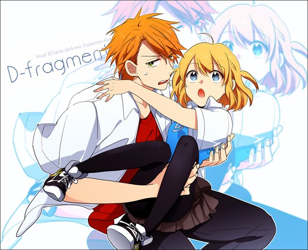 Anime picture 900x730 with d-frag! brains base (studio) shibasaki roka kazama kenji oda kazuomi short hair open mouth blue eyes blonde hair simple background white background green eyes ahoge orange hair :o two side up copyright name text english zoom layer