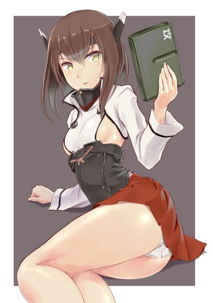 Anime picture 1223x1736 with kantai collection taihou armored aircraft carrier wa (genryusui) single long hair tall image looking at viewer light erotic simple background brown hair sitting holding yellow eyes ass grey background bare legs pantyshot border girl skirt