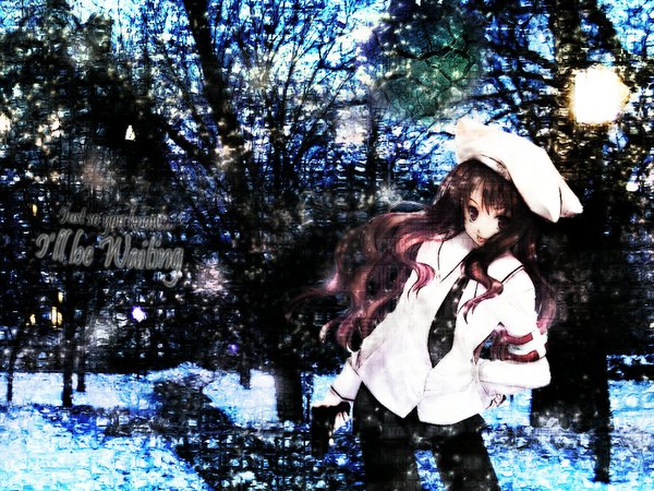 Anime picture 1024x768 with original hagure keg single long hair fringe hair between eyes brown hair brown eyes outdoors wallpaper hand on hip winter :p third-party edit bare tree girl weapon plant (plants) tree (trees) necktie