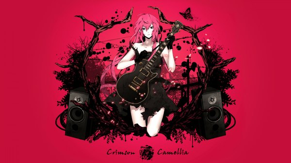 Anime picture 1600x900 with vocaloid megurine luka single long hair blue eyes wide image pink hair red background girl dress plant (plants) tree (trees) black dress guitar speakers