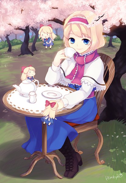 Anime picture 700x1016 with touhou alice margatroid shanghai himaya long hair tall image looking at viewer fringe short hair blue eyes blonde hair sitting signed cherry blossoms girl ribbon (ribbons) plant (plants) hair ribbon tree (trees) chair