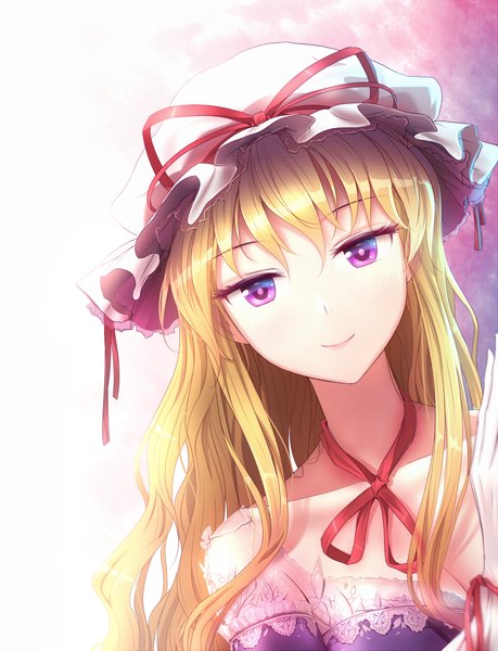 Anime picture 841x1100 with touhou yakumo yukari minust single long hair tall image looking at viewer blush blonde hair simple background smile purple eyes bare shoulders upper body head tilt gradient background girl dress gloves hat