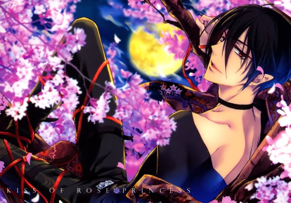 Anime picture 1600x1122 with barajou no kiss kiss of the rose princess kurama mutsuki shouoto aya short hair black hair red eyes night cherry blossoms back boy plant (plants) earrings petals tree (trees) moon