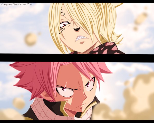 Anime picture 1352x1082 with fairy tail natsu dragneel jackal kvequiso fringe short hair blonde hair pink hair sky cloud (clouds) pink eyes hair over one eye coloring glowing close-up face glowing eye (eyes) dust manga boy