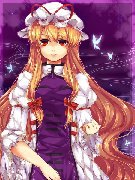 Anime picture 1500x2000 with touhou yakumo yukari hanaon (artist) single long hair tall image blonde hair red eyes girl dress bow hair bow insect butterfly bonnet